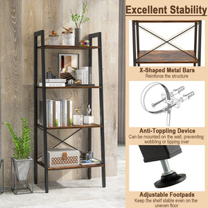 4-Tier Bookshelf with Metal Frame and Adjustable Foot Pads-Rustic Brown view 9