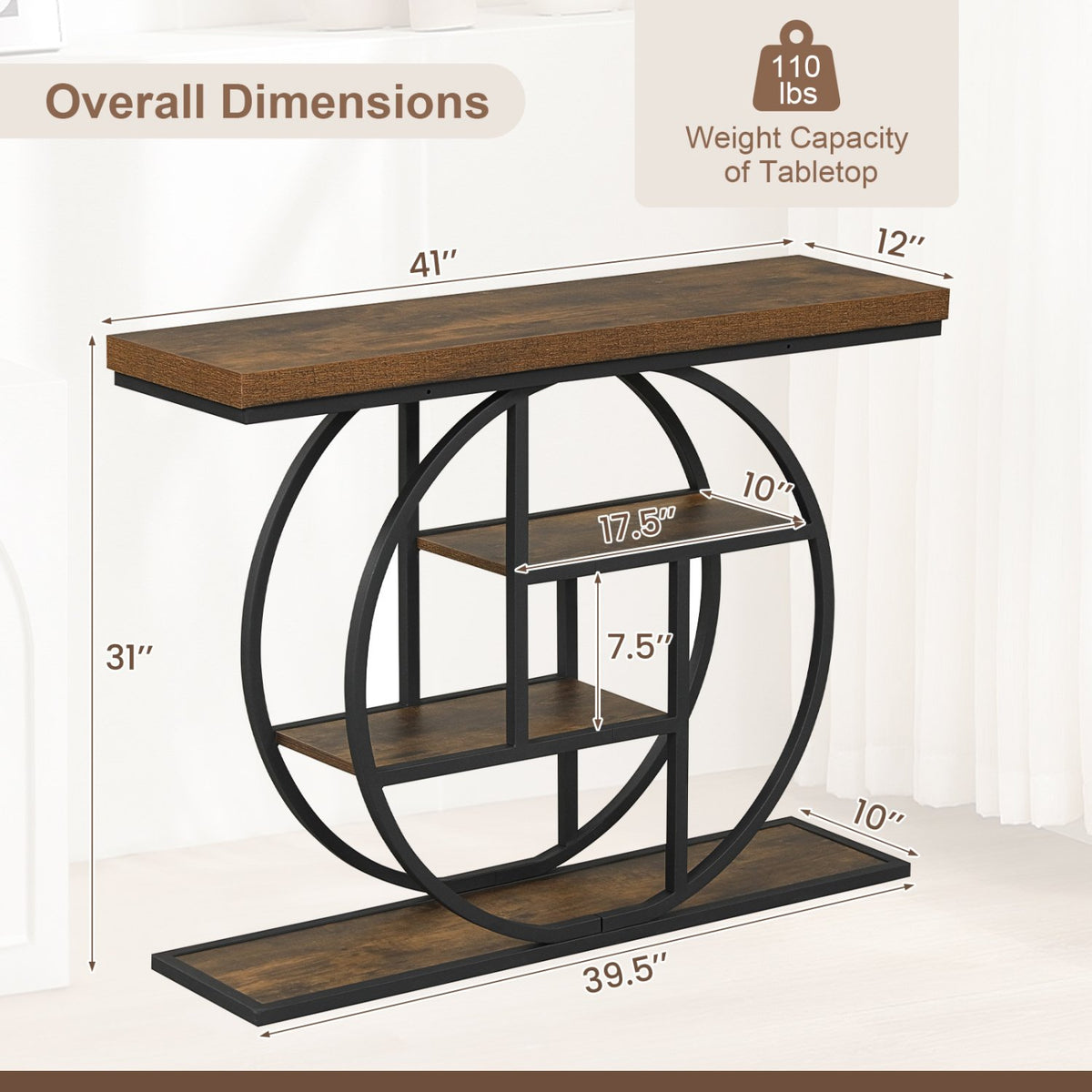 4-Tier Console Table 41 Inches Entryway Table with Storage Shelves-Brown view 5