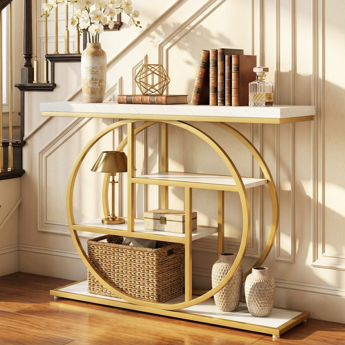 4-Tier Console Table 41 Inches Entryway Table with Storage Shelves-White view 2