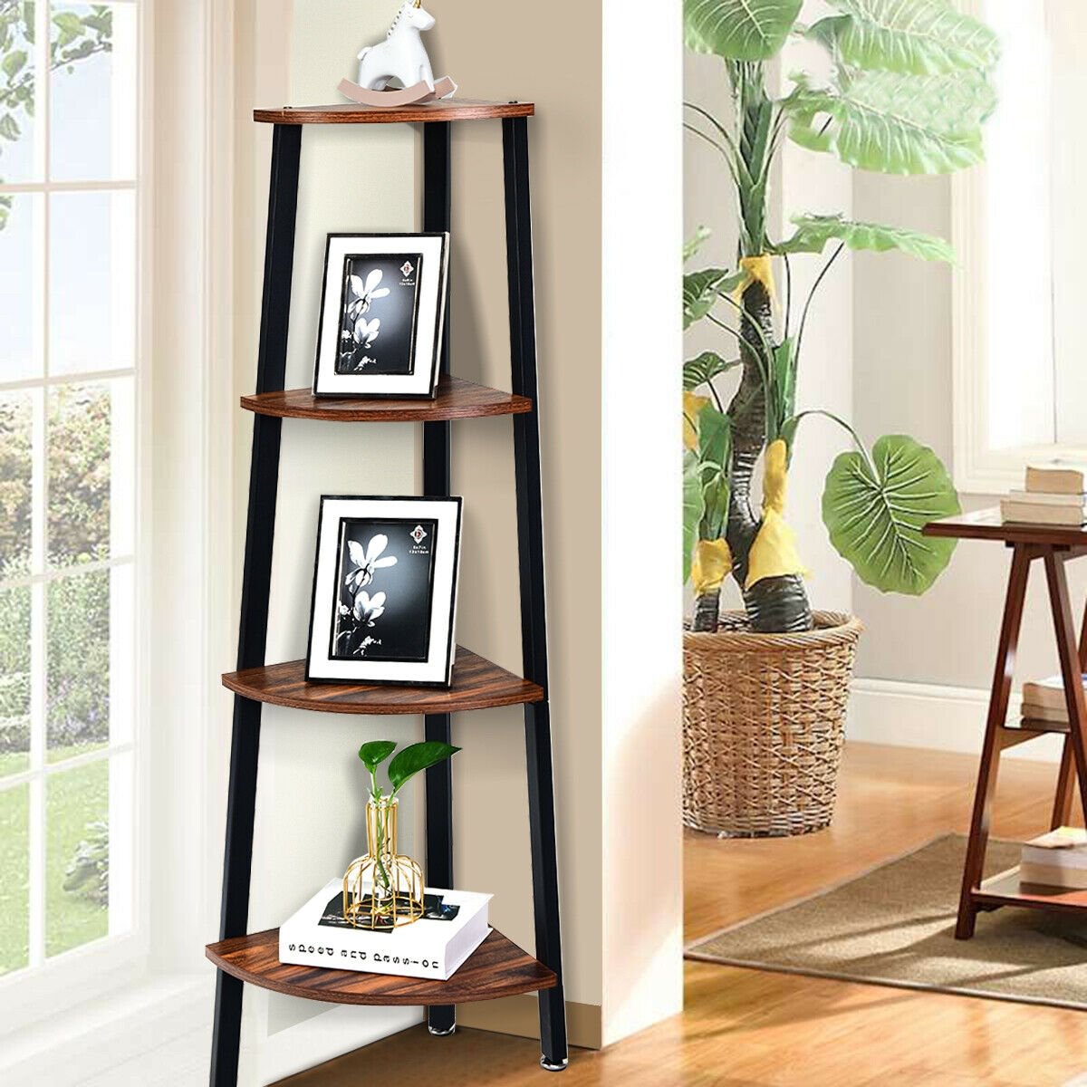 4-Tier Corner Shelf Metal Storage Rack Domestic Bookcase-Brown view 2