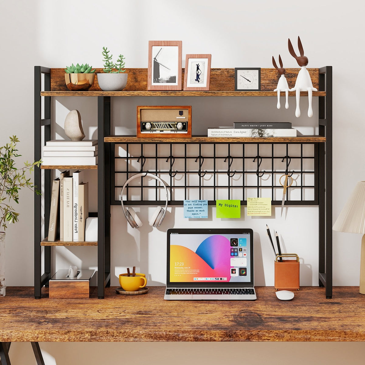 4-Tier Desk Shelf Desktop Display Rack with Metal Grid Panel and 6 Hooks-Rustic Brown view 2