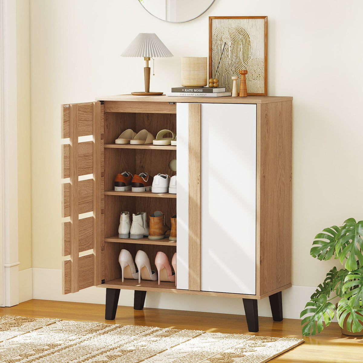 4-Tier Farmhouse Shoe Organizer with Louvered Door-Natural and White view 2