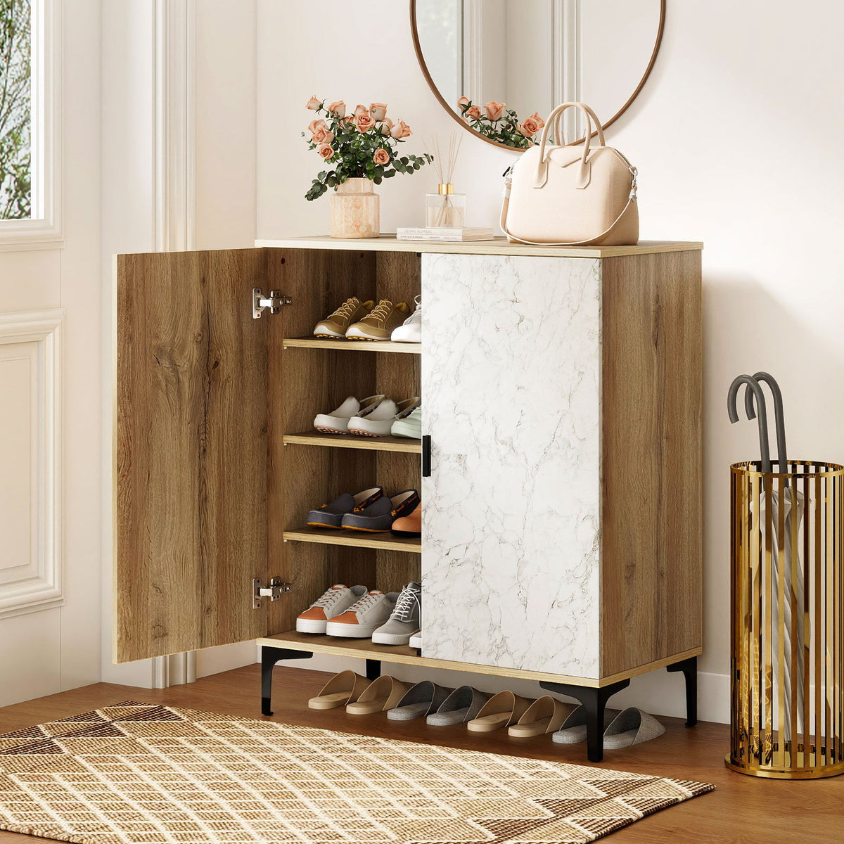 4 Tier Farmhouse Shoe Storage Cabinet with Removable Shelves and Metal Legs-Oak view 2