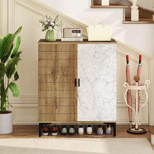 4 Tier Farmhouse Shoe Storage Cabinet with Removable Shelves and Metal Legs-Oak view 3