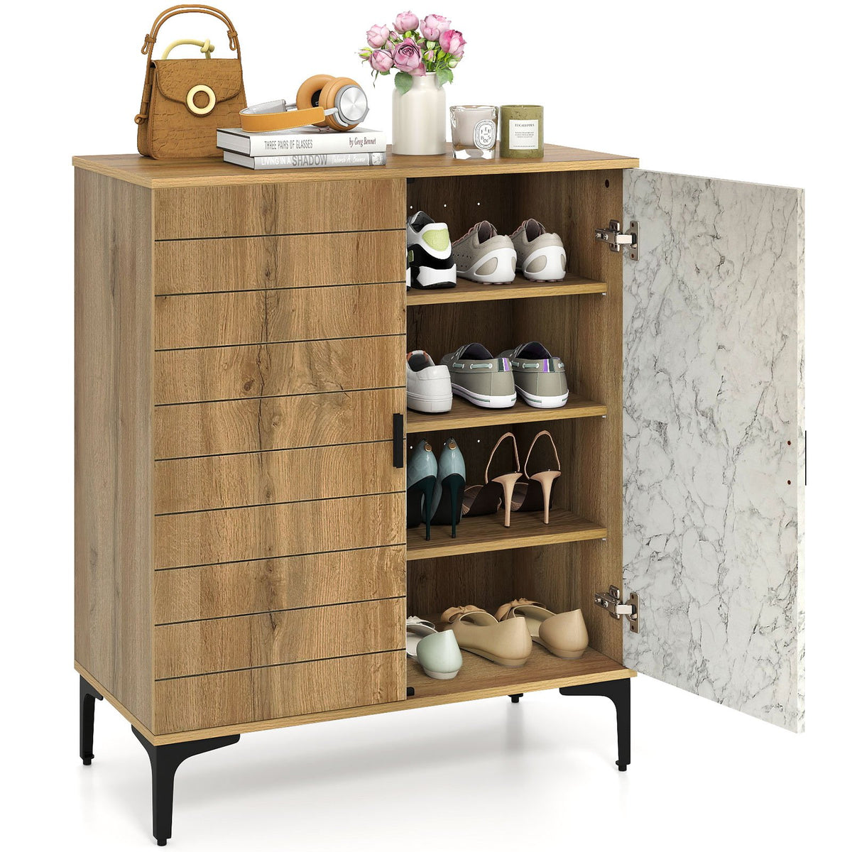 4 Tier Farmhouse Shoe Storage Cabinet with Removable Shelves and Metal Legs-Oak view 4
