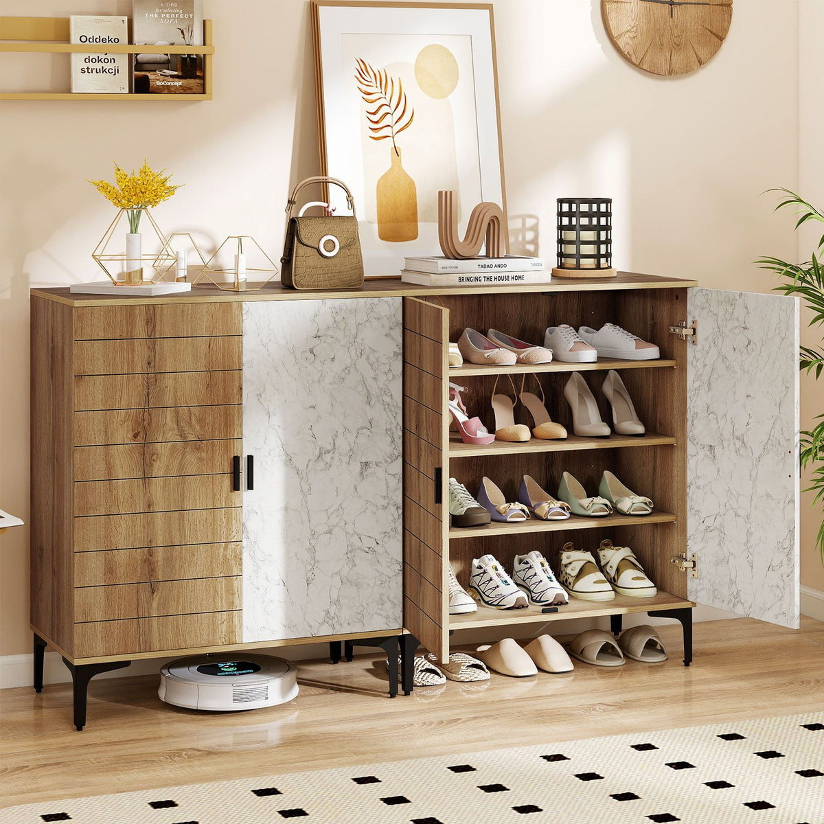 4 Tier Farmhouse Shoe Storage Cabinet with Removable Shelves and Metal Legs-Oak view 6