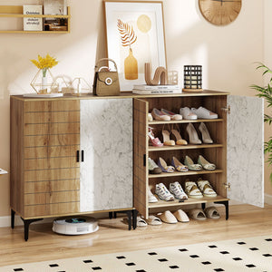 4 Tier Farmhouse Shoe Storage Cabinet with Removable Shelves and Metal Legs-Oak view 6