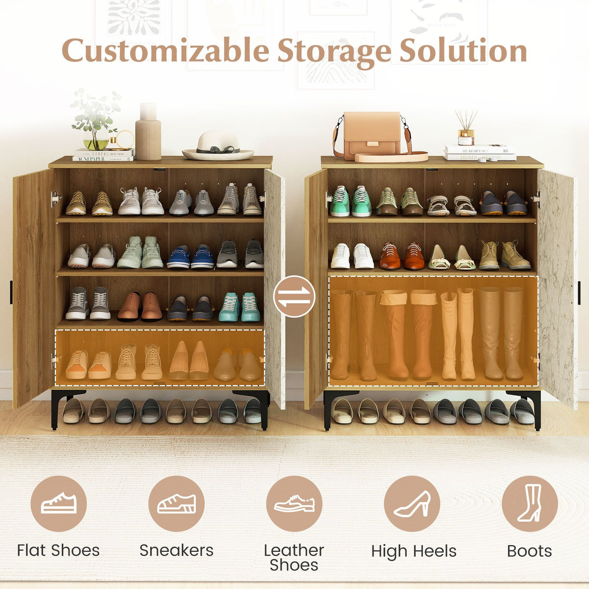 4 Tier Farmhouse Shoe Storage Cabinet with Removable Shelves and Metal Legs-Oak view 7