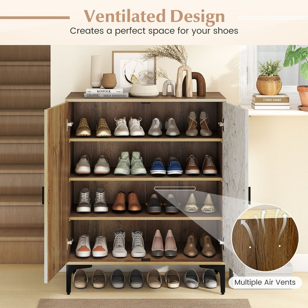 4 Tier Farmhouse Shoe Storage Cabinet with Removable Shelves and Metal Legs-Oak view 9