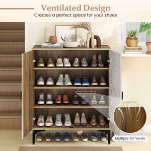4 Tier Farmhouse Shoe Storage Cabinet with Removable Shelves and Metal Legs-Oak view 9