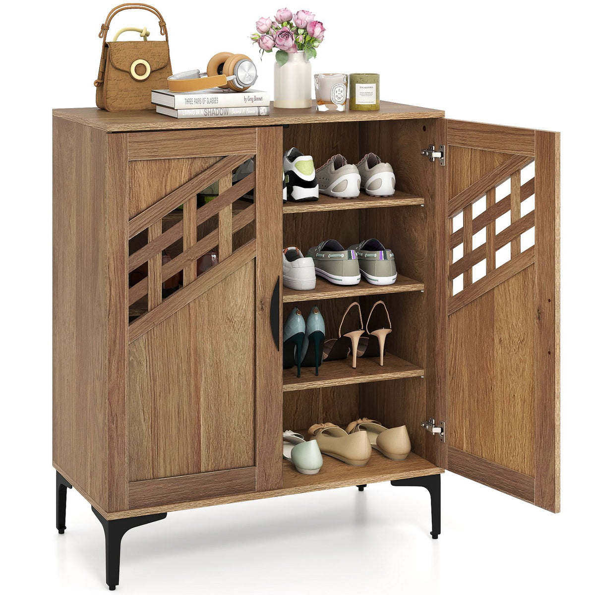 4 Tier Farmhouse Shoe Storage Cabinet with Removable Shelves and Metal Legs-Walnut