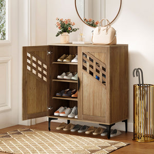 4 Tier Farmhouse Shoe Storage Cabinet with Removable Shelves and Metal Legs-Walnut view 2
