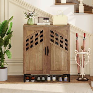 4 Tier Farmhouse Shoe Storage Cabinet with Removable Shelves and Metal Legs-Walnut view 3