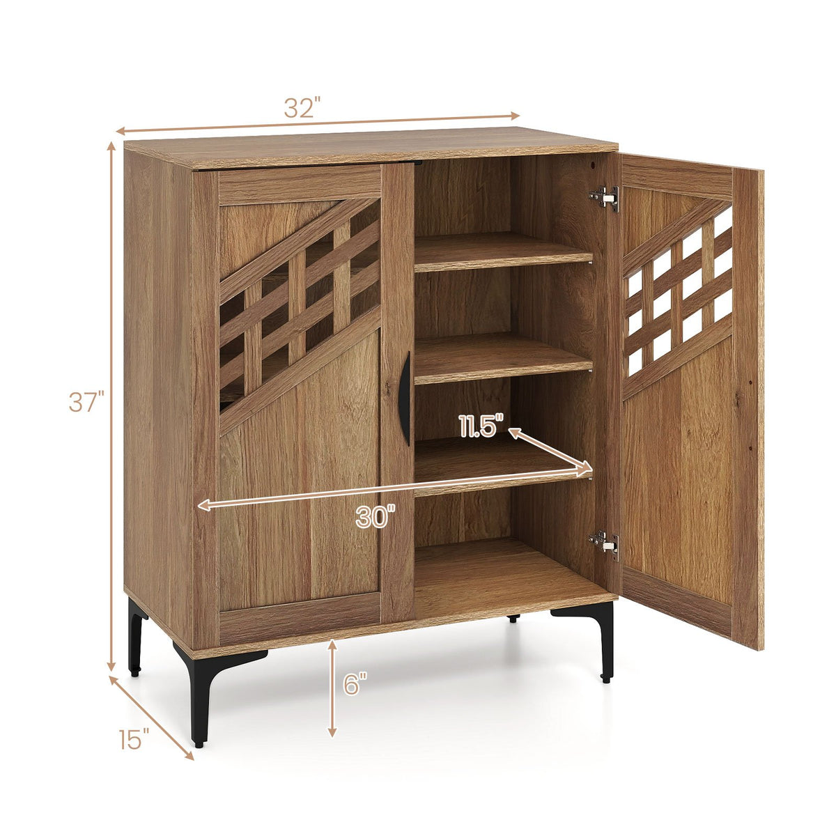 4 Tier Farmhouse Shoe Storage Cabinet with Removable Shelves and Metal Legs-Walnut view 5