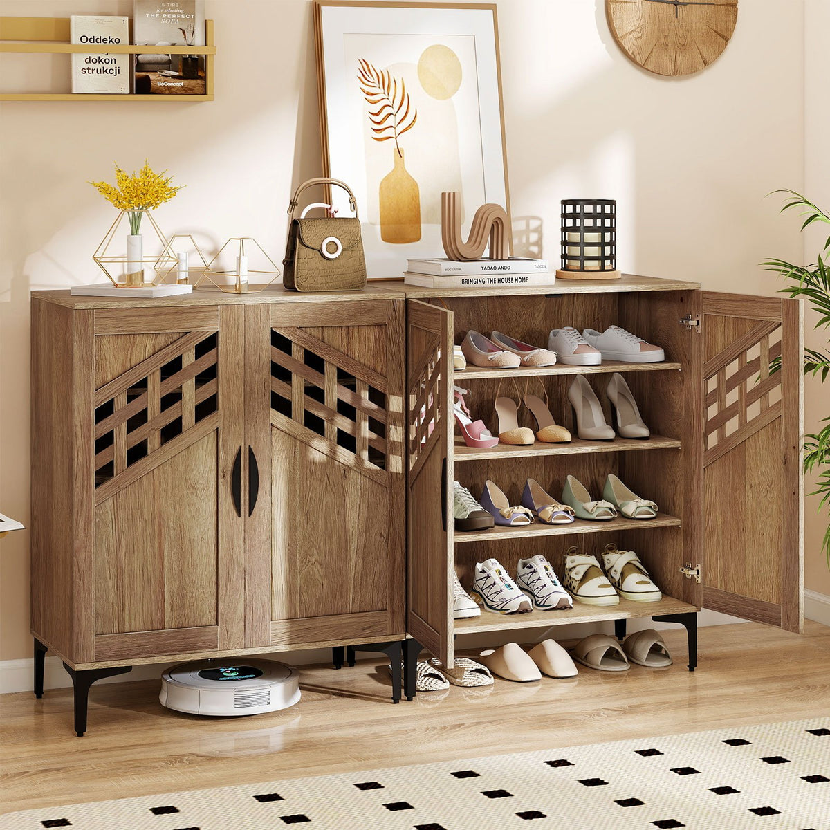 4 Tier Farmhouse Shoe Storage Cabinet with Removable Shelves and Metal Legs-Walnut view 6