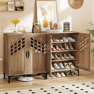 4 Tier Farmhouse Shoe Storage Cabinet with Removable Shelves and Metal Legs-Walnut view 6