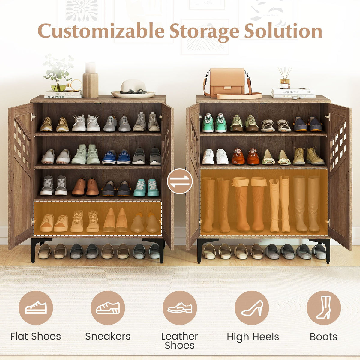 4 Tier Farmhouse Shoe Storage Cabinet with Removable Shelves and Metal Legs-Walnut view 7