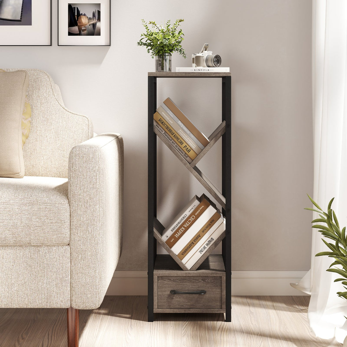 4 Tier Floor Tree Bookshelf with Drawer and Metal Frame-Gray view 2