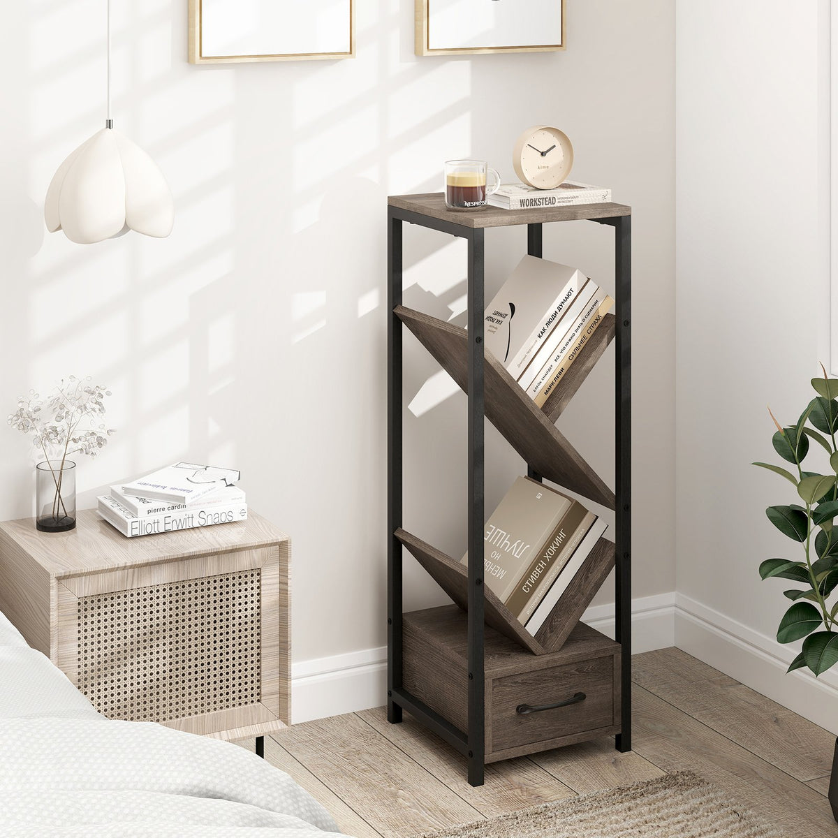 4 Tier Floor Tree Bookshelf with Drawer and Metal Frame-Gray view 3