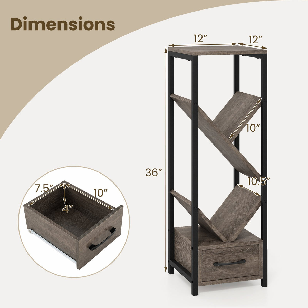 4 Tier Floor Tree Bookshelf with Drawer and Metal Frame-Gray view 5