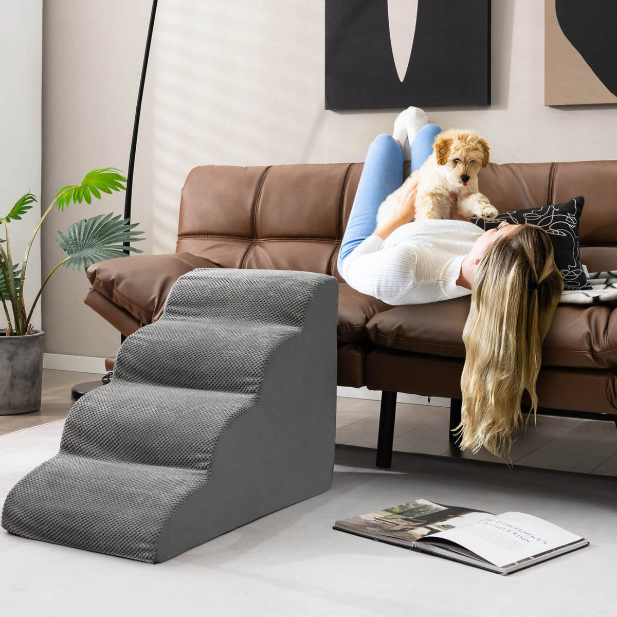 4-Tier Foam Non-Slip Dog Steps with Washable Zippered Cover-Gray view 3