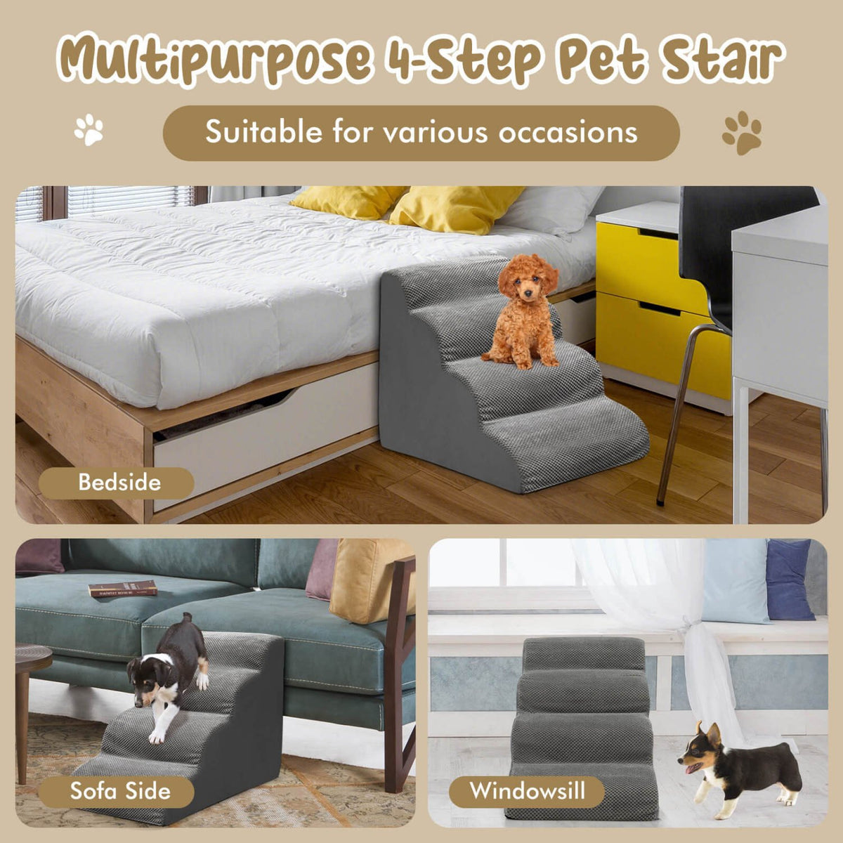 4-Tier Foam Non-Slip Dog Steps with Washable Zippered Cover-Gray view 9