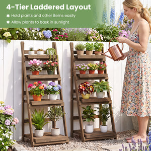 4-Tier Foldable Plant Stand with Slatted Shelves for Garden-Brown view 8
