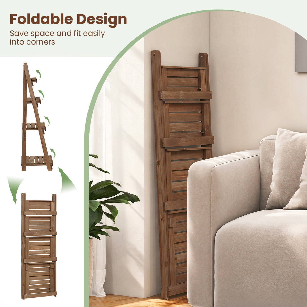 4-Tier Foldable Plant Stand with Slatted Shelves for Garden-Brown view 9