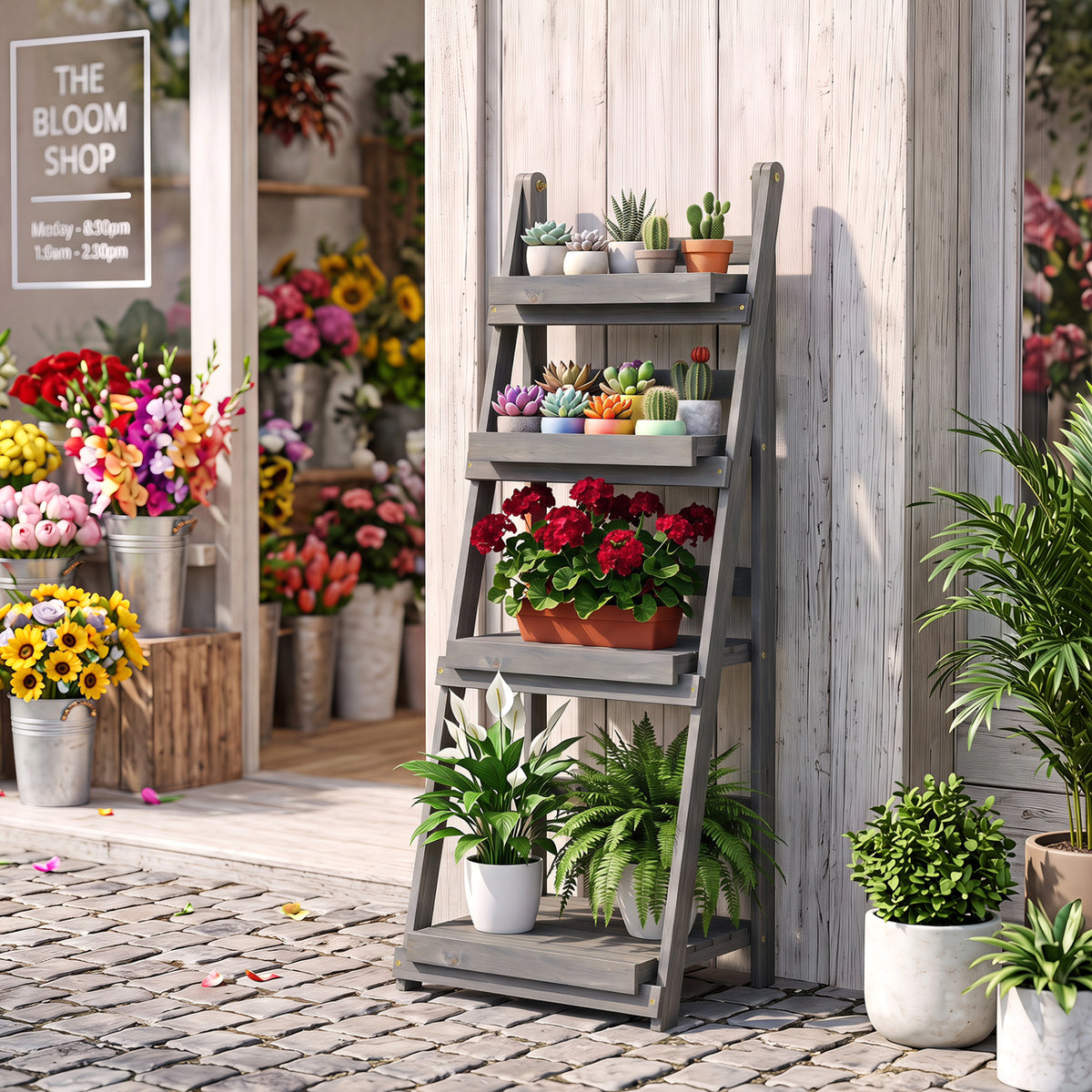 4-Tier Foldable Plant Stand with Slatted Shelves for Garden-Gray view 2