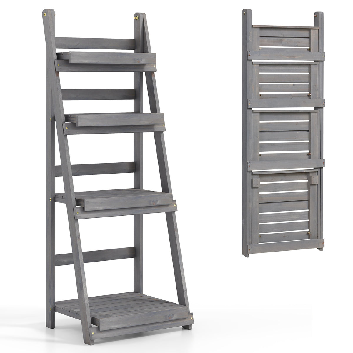 4-Tier Foldable Plant Stand with Slatted Shelves for Garden-Gray view 4