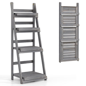 4-Tier Foldable Plant Stand with Slatted Shelves for Garden-Gray view 4