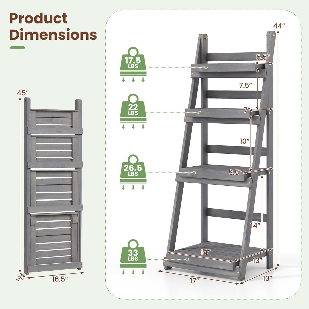 4-Tier Foldable Plant Stand with Slatted Shelves for Garden-Gray view 5