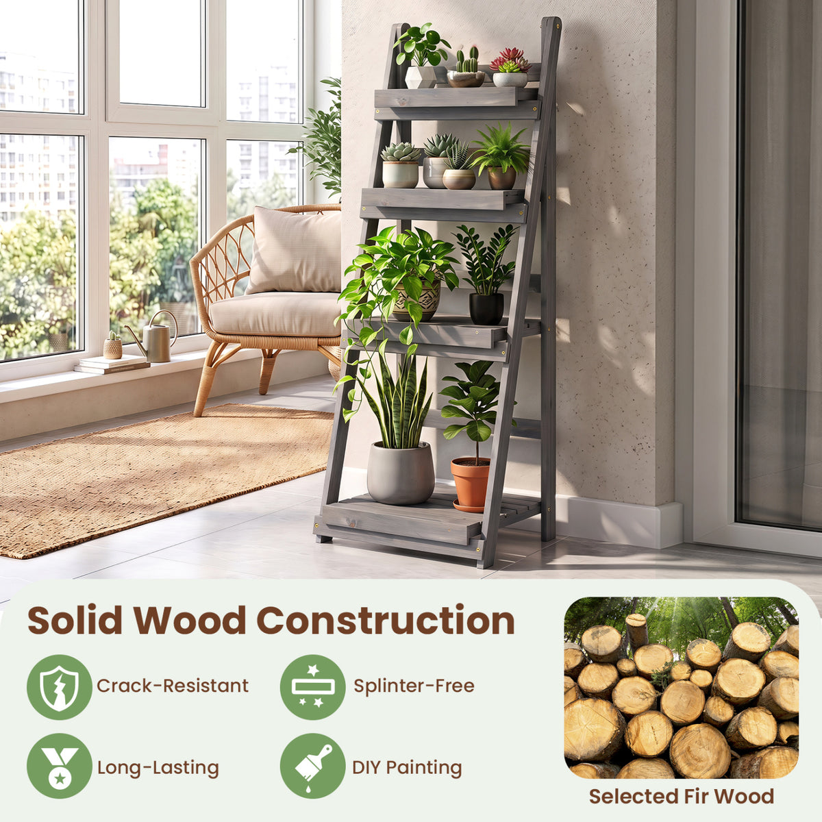 4-Tier Foldable Plant Stand with Slatted Shelves for Garden-Gray view 7