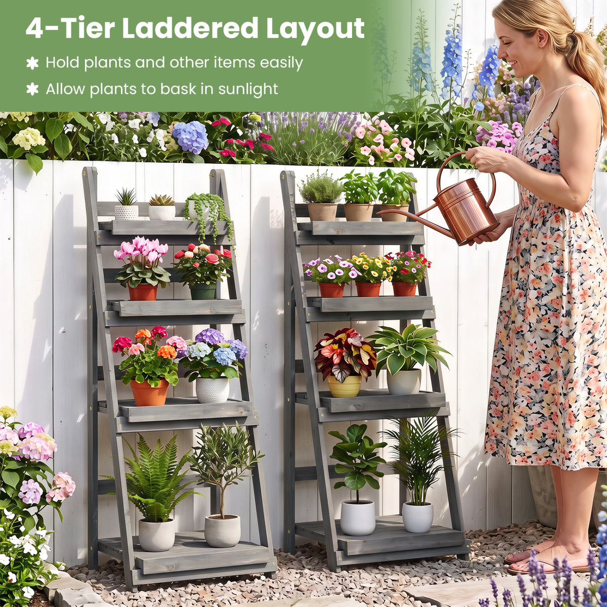 4-Tier Foldable Plant Stand with Slatted Shelves for Garden-Gray view 8