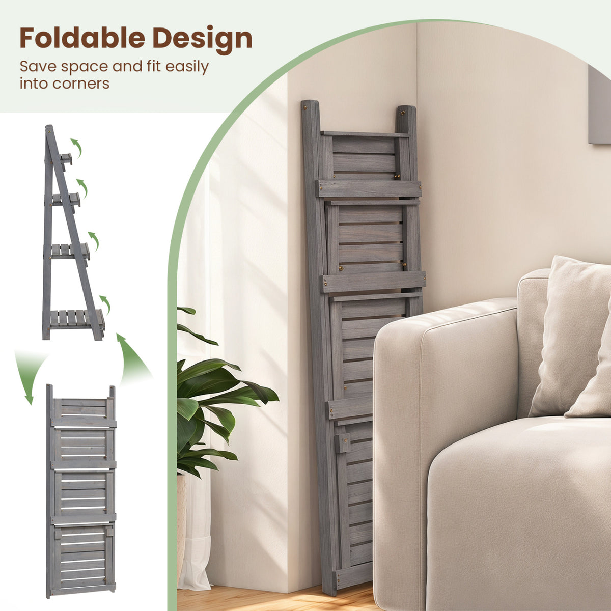 4-Tier Foldable Plant Stand with Slatted Shelves for Garden-Gray view 9