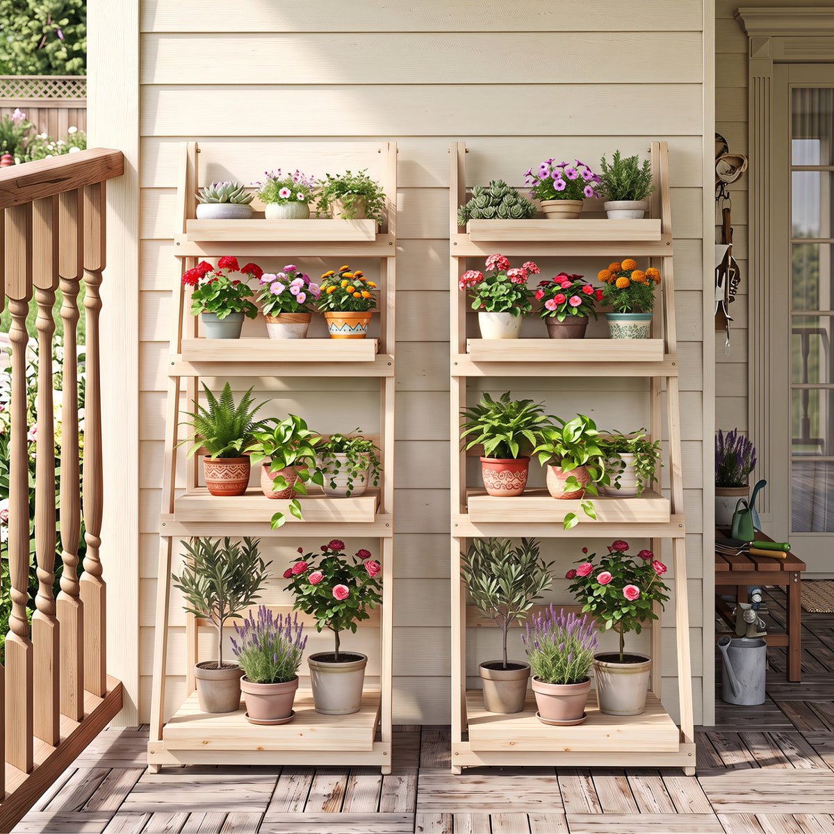 4-Tier Foldable Plant Stand with Slatted Shelves for Garden-Natural view 3