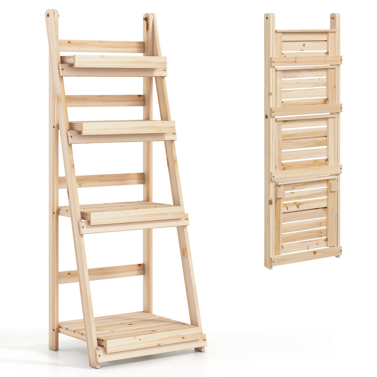 4-Tier Foldable Plant Stand with Slatted Shelves for Garden-Natural view 4