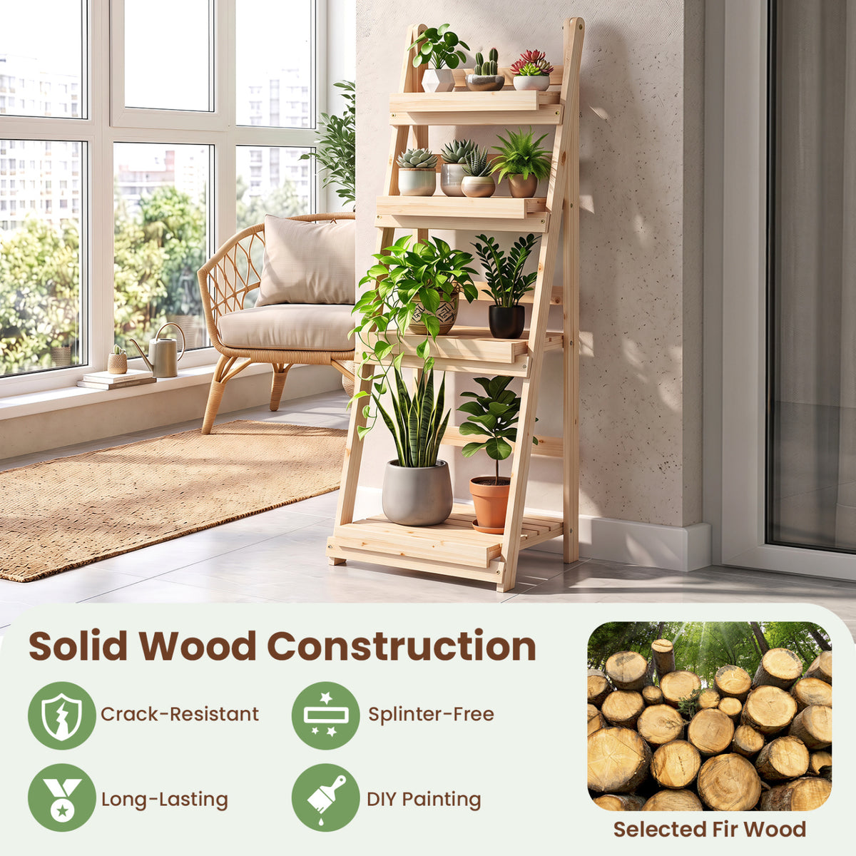 4-Tier Foldable Plant Stand with Slatted Shelves for Garden-Natural view 7