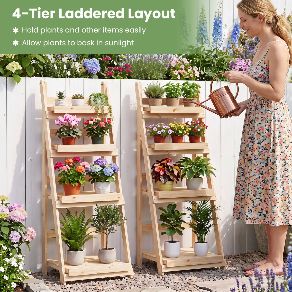 4-Tier Foldable Plant Stand with Slatted Shelves for Garden-Natural view 8
