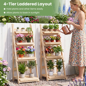 4-Tier Foldable Plant Stand with Slatted Shelves for Garden-Natural view 8