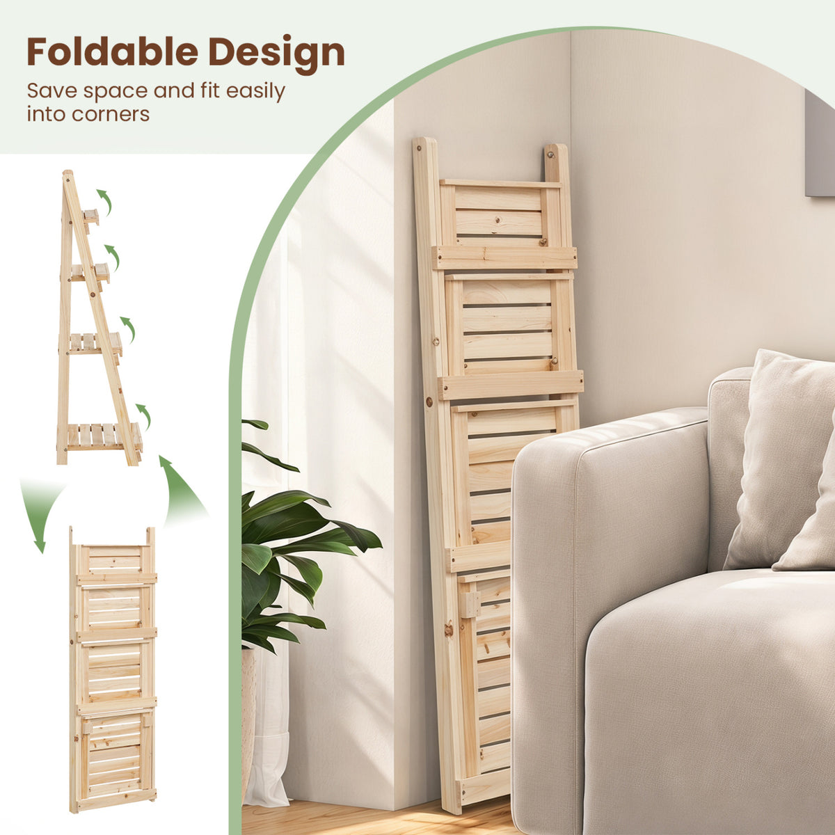 4-Tier Foldable Plant Stand with Slatted Shelves for Garden-Natural view 9