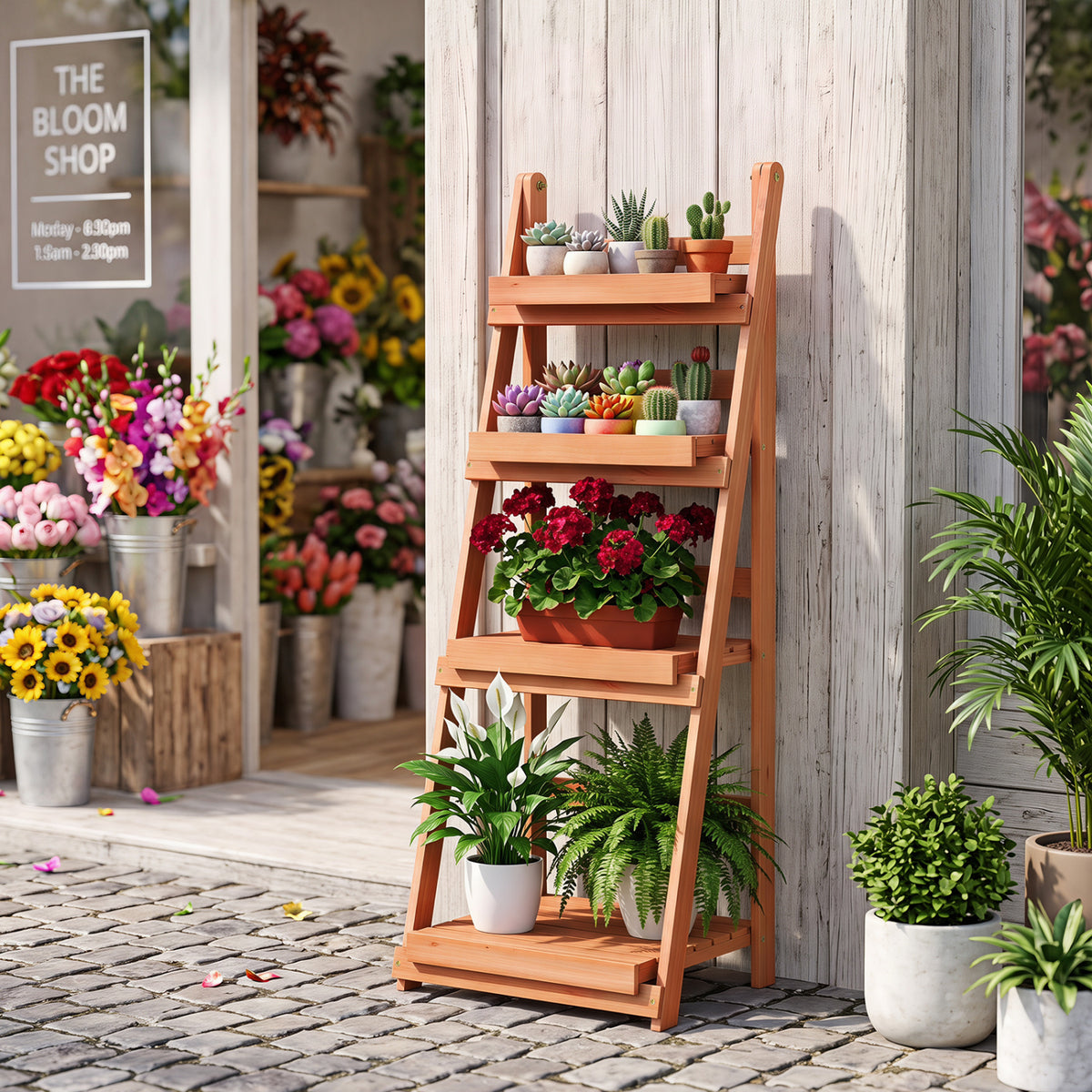 4-Tier Foldable Plant Stand with Slatted Shelves for Garden-Orange view 2