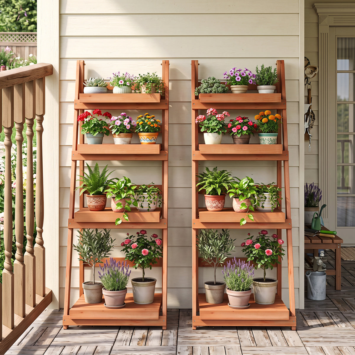 4-Tier Foldable Plant Stand with Slatted Shelves for Garden-Orange view 3