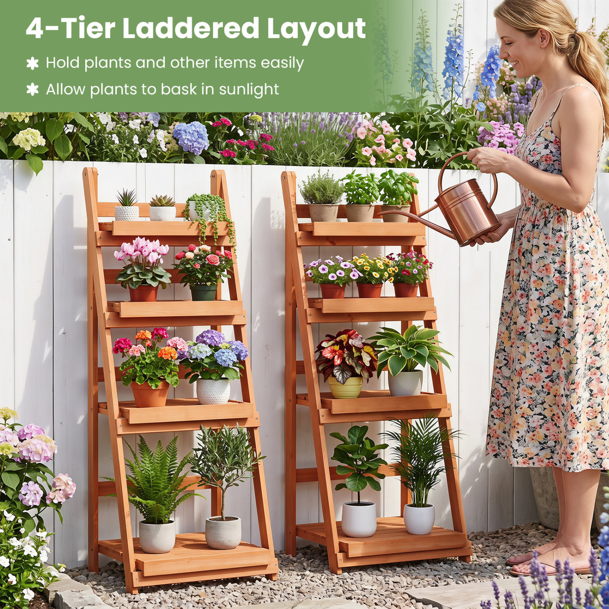 4-Tier Foldable Plant Stand with Slatted Shelves for Garden-Orange view 8