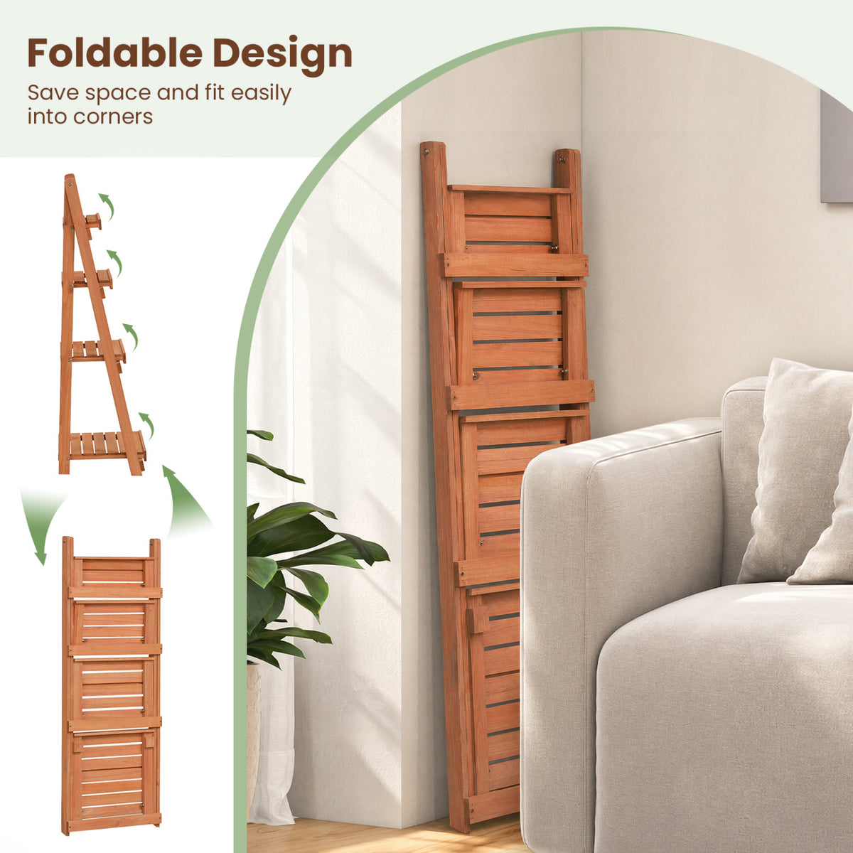 4-Tier Foldable Plant Stand with Slatted Shelves for Garden-Orange view 9