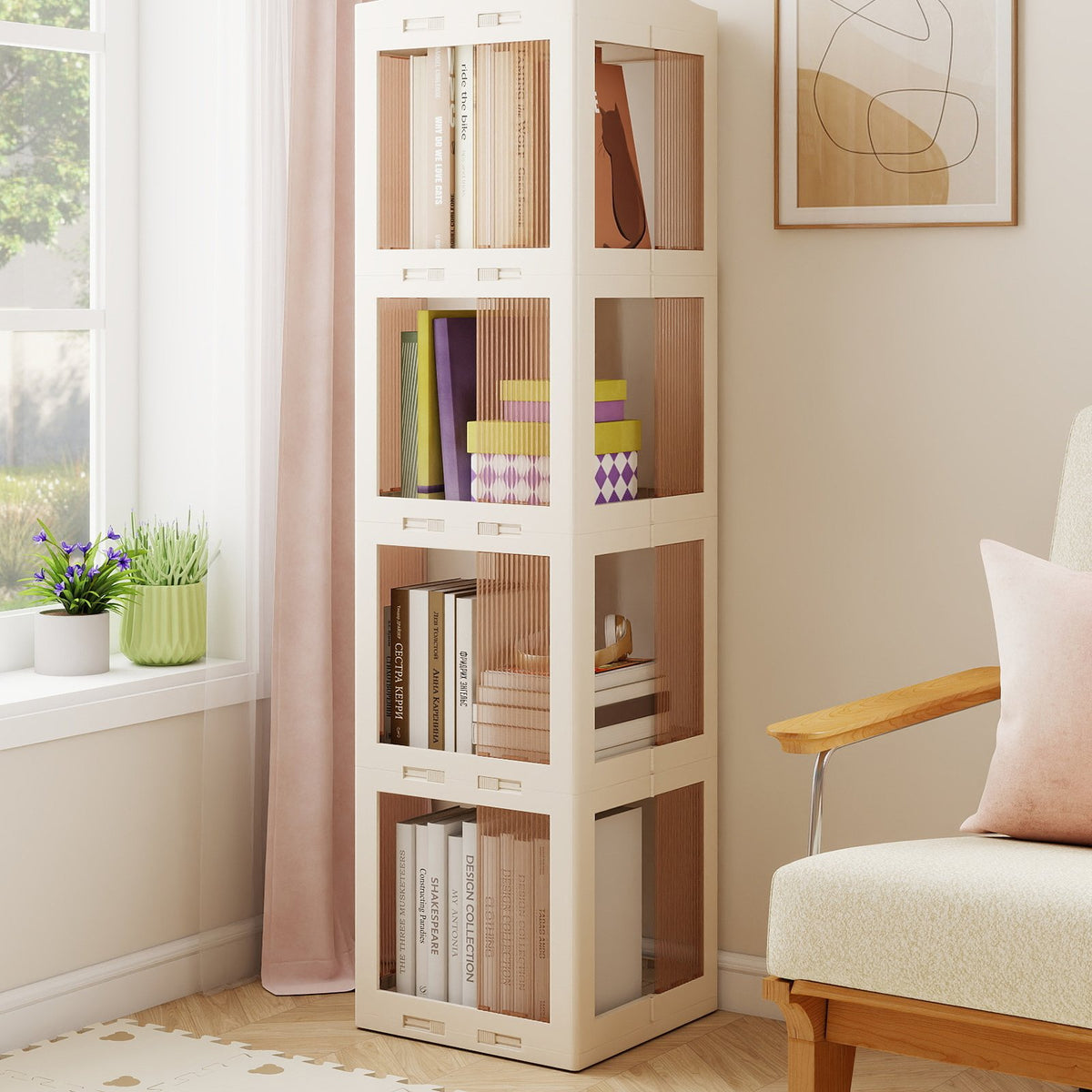 4-Tier Foldable Rotating Bookshelf with Swivel Base and Translucent Panels-White view 2