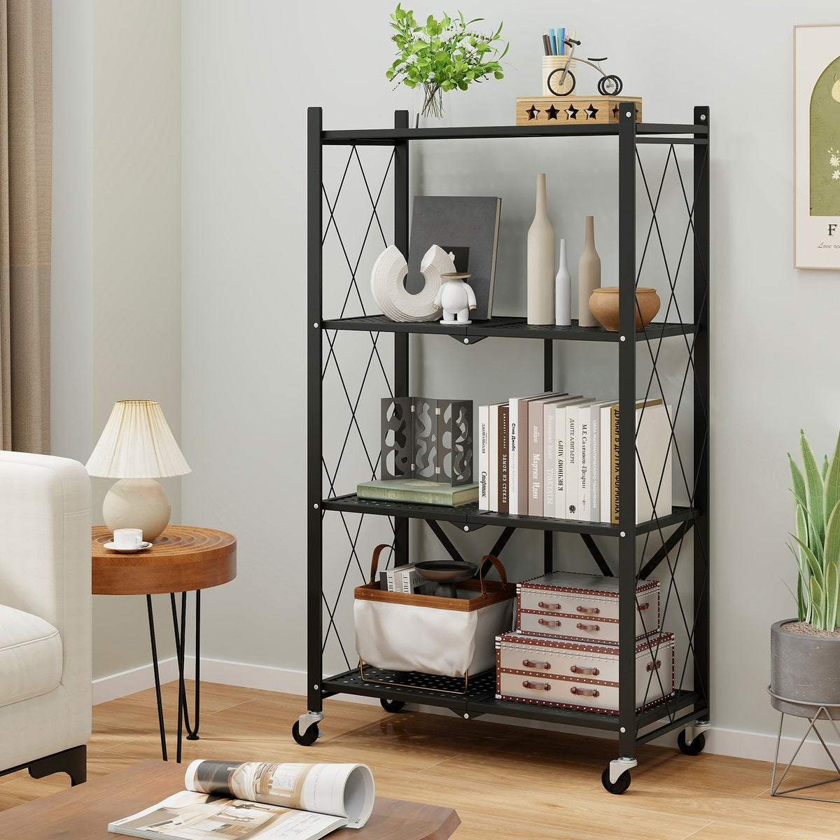 4-Tier Foldable Storage Shelf Collapsible Storage Rack with Lockable Wheels-Black view 2