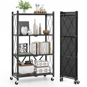 4-Tier Foldable Storage Shelf Collapsible Storage Rack with Lockable Wheels-Black view 4