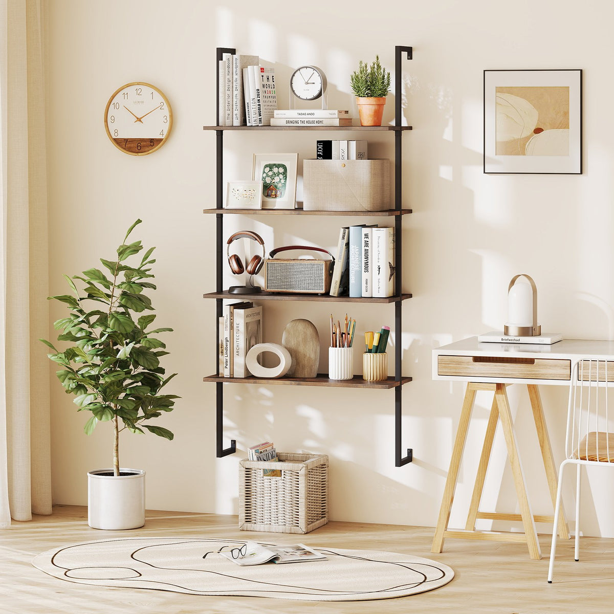 4-Tier Industrial Ladder Bookshelf with Metal Frame-Coffee view 2