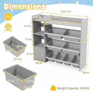 4-Tier Kids Bookshelf and Toy Storage Rack with 8 Toy Organizer Bins-Grey view 4